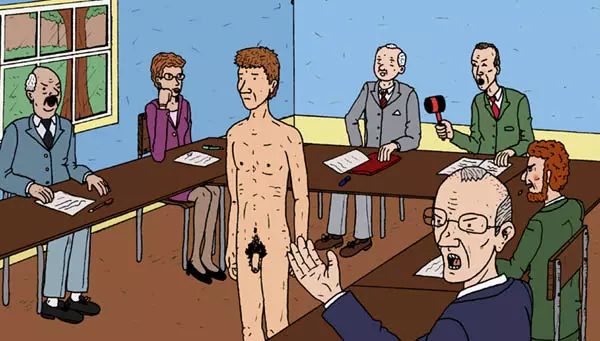 Au centre de l'assemblée de travail, un homme est nu.